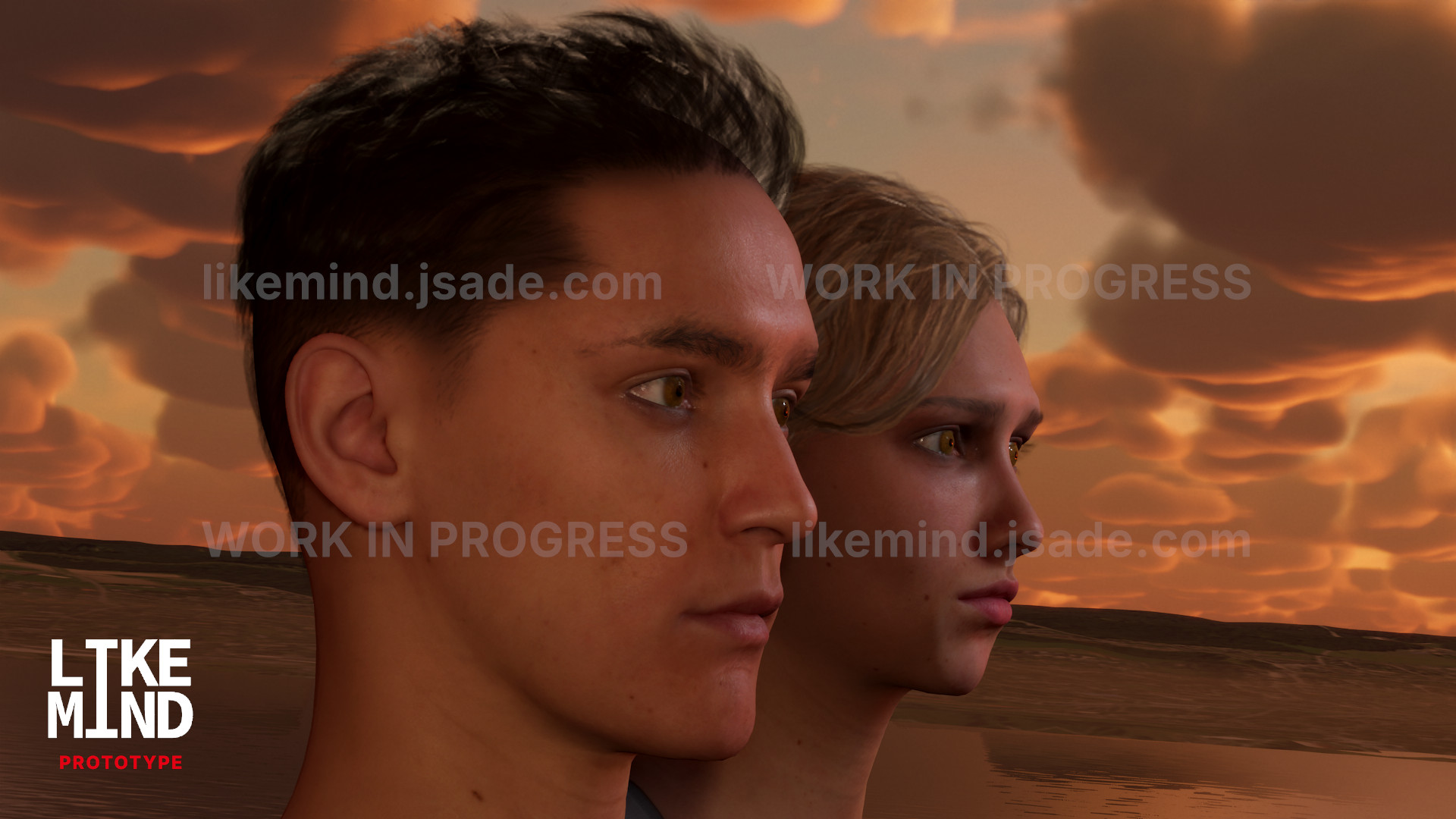 A screenshot out of the prototype that depicts highly detailed character model placeholders for Nic and Sarah.