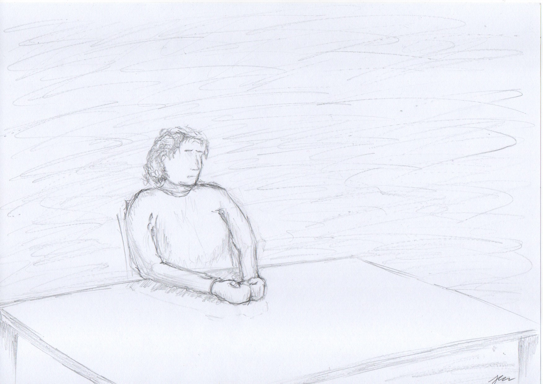 A sketch of an early scene that depicts Sarah in an interrogation room.
