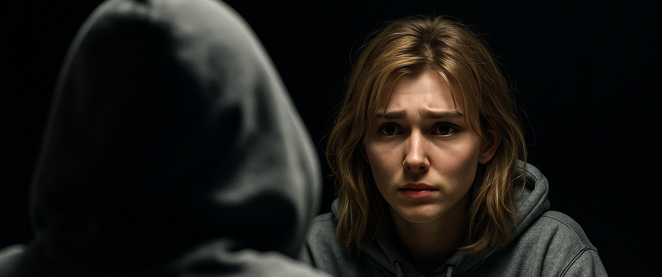 Teaser image 2 depicts Sarah in a dark interrogation room, sitting opposite to an unknown person.